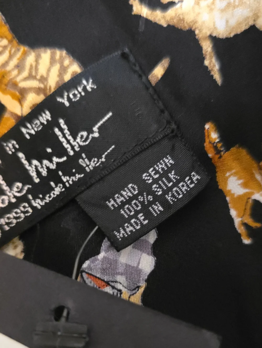 100% Silk Nicole Miller Black Scarf with Gold and Cream Cat Motif